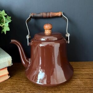 Vintage Brown Enamel Tea Kettle - Mid Century Modern Kitchenware